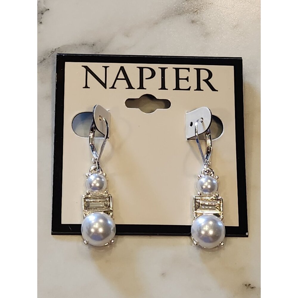 Napier Silver-Tone Drop Earrings With Faux Pearls & Crystal Accents